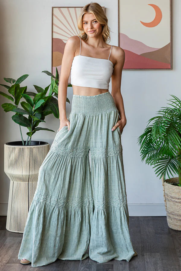 Oli & Hali Washed Smocked Waist Tiered Wide Leg Flare Pants