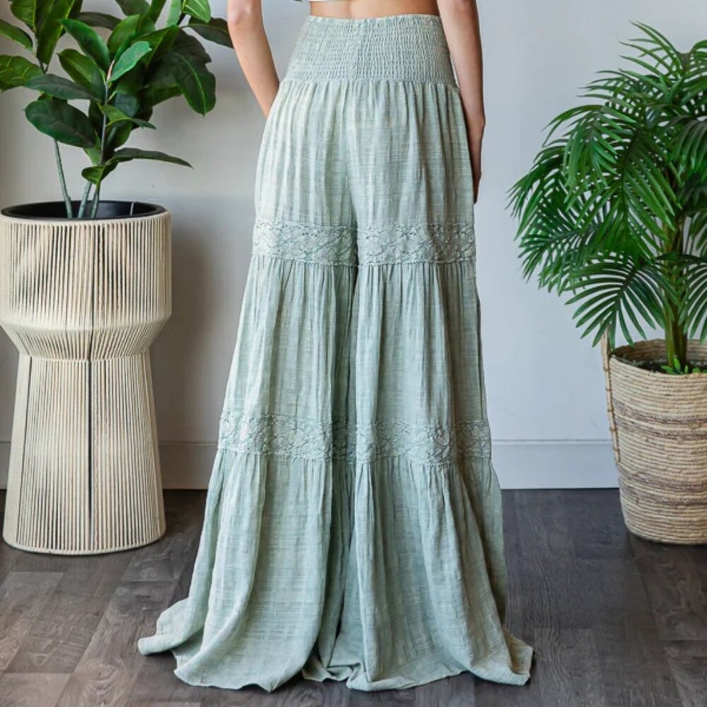 Oli & Hali Washed Smocked Waist Tiered Wide Leg Flare Pants