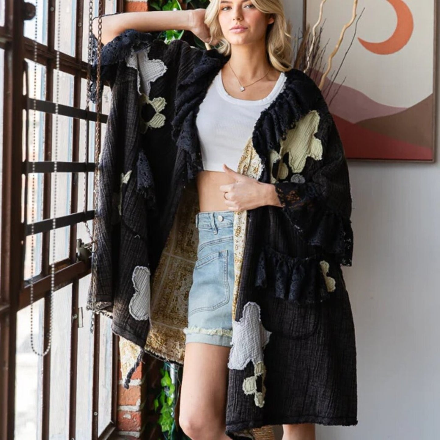 Oli &Hali Washed Flower Patchwork Lace Ruffle Sleeve Duster