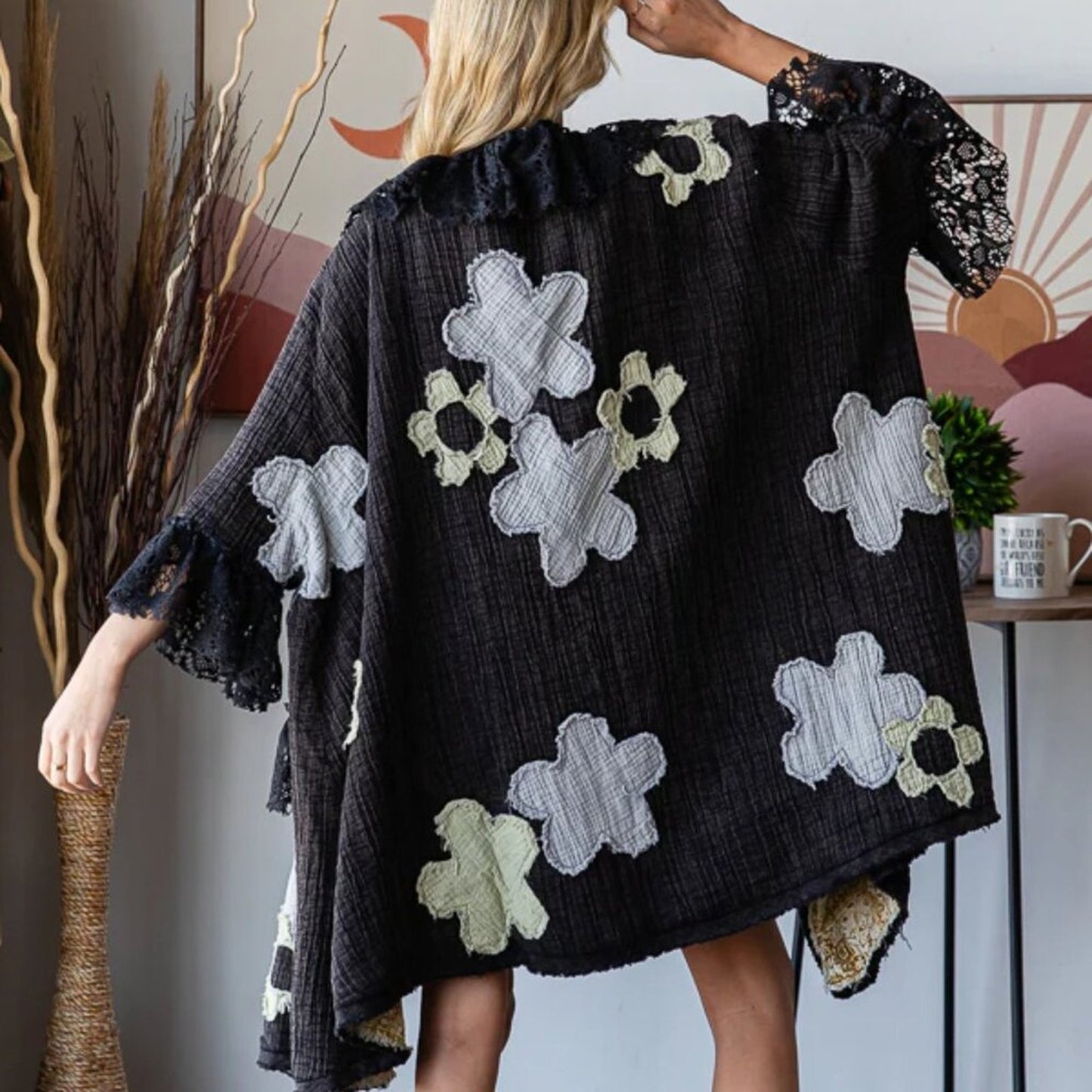 Oli &Hali Washed Flower Patchwork Lace Ruffle Sleeve Duster