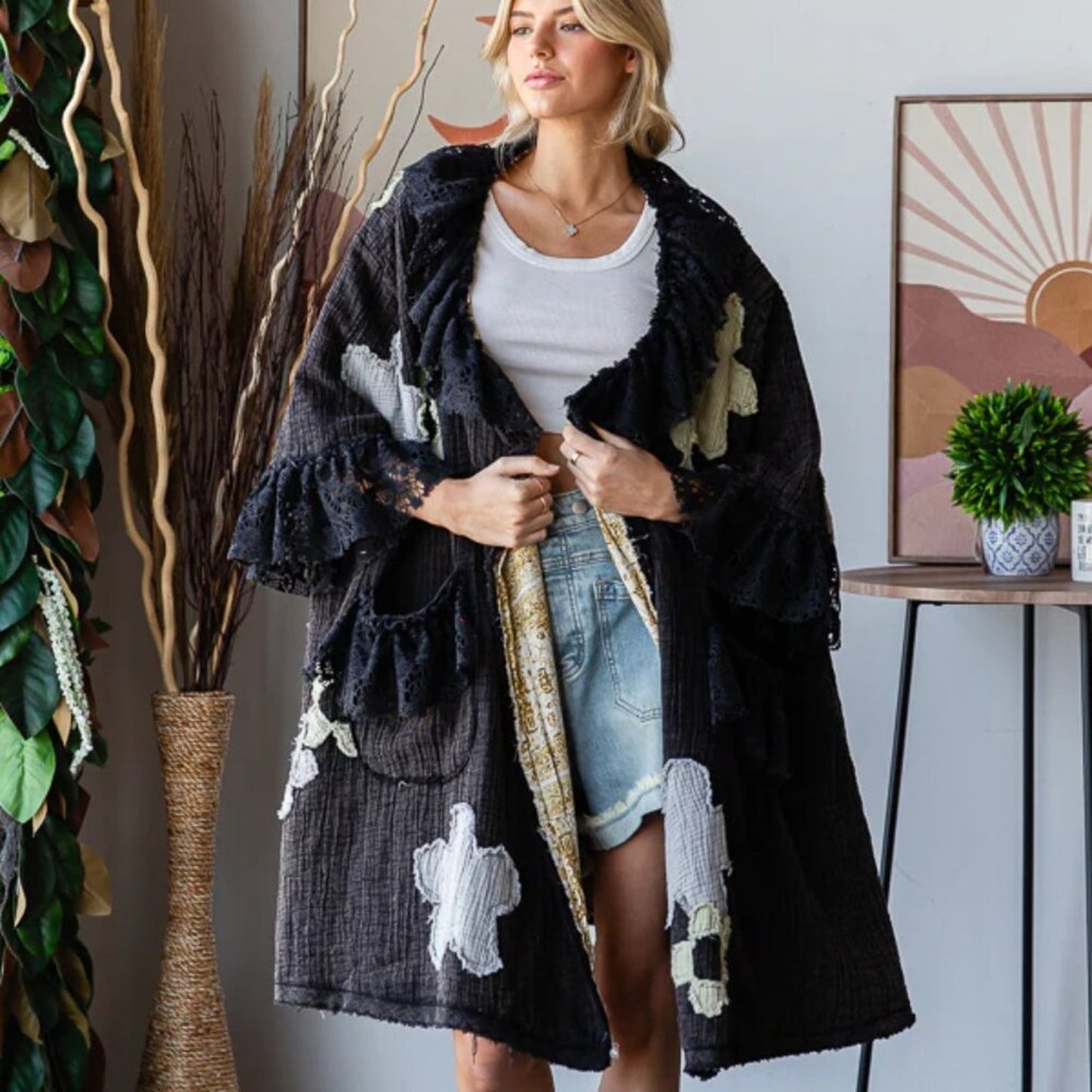 Oli &Hali Washed Flower Patchwork Lace Ruffle Sleeve Duster