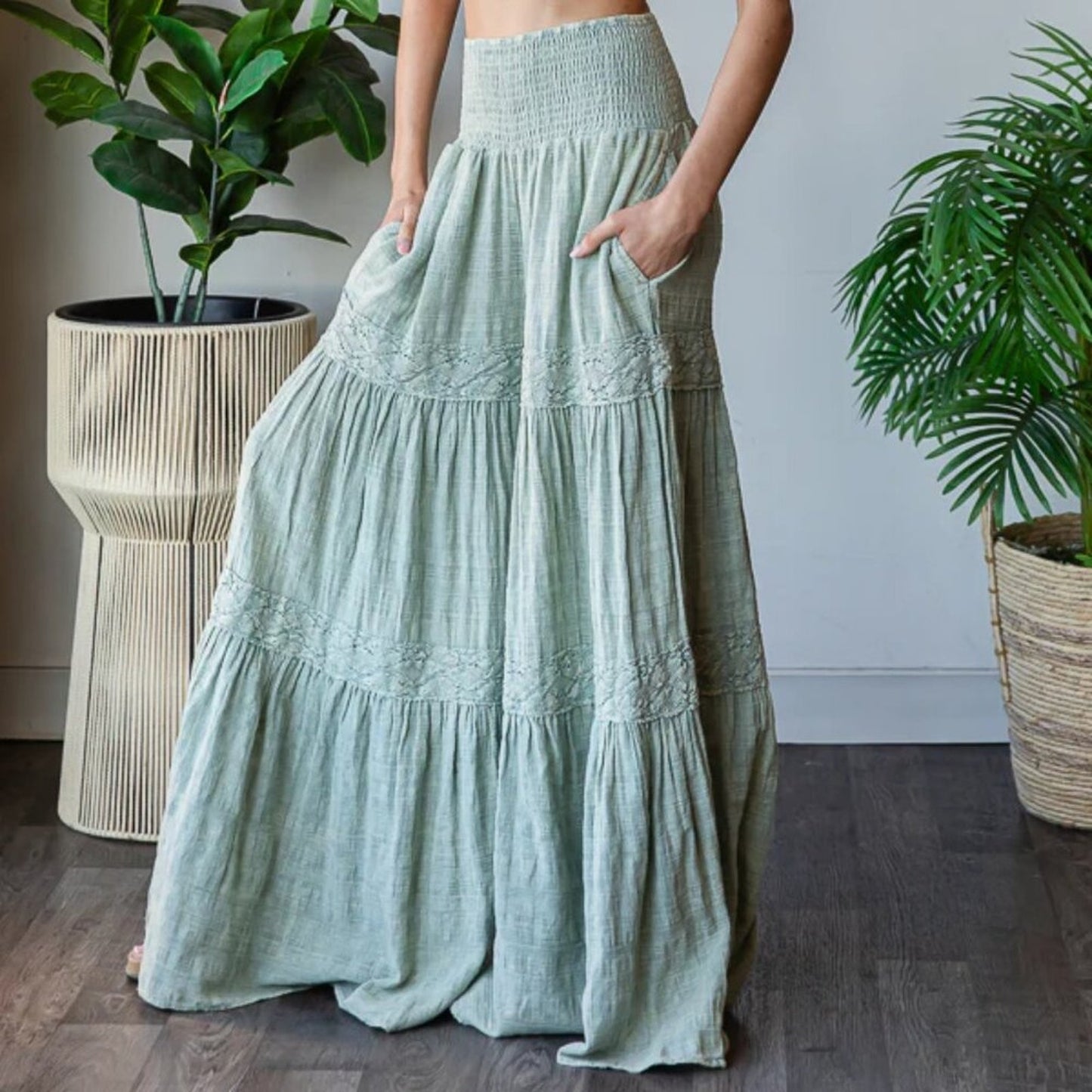Oli & Hali Washed Smocked Waist Tiered Wide Leg Flare Pants
