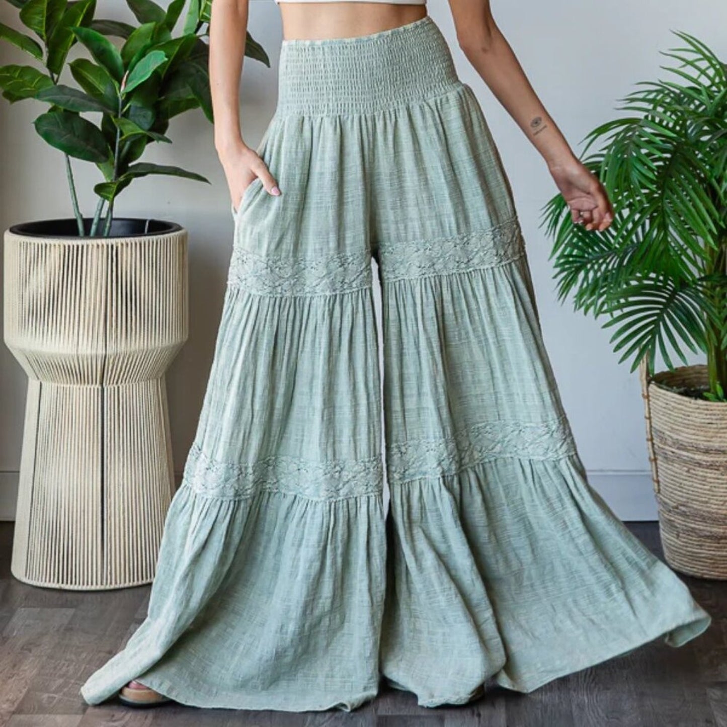 Oli & Hali Washed Smocked Waist Tiered Wide Leg Flare Pants