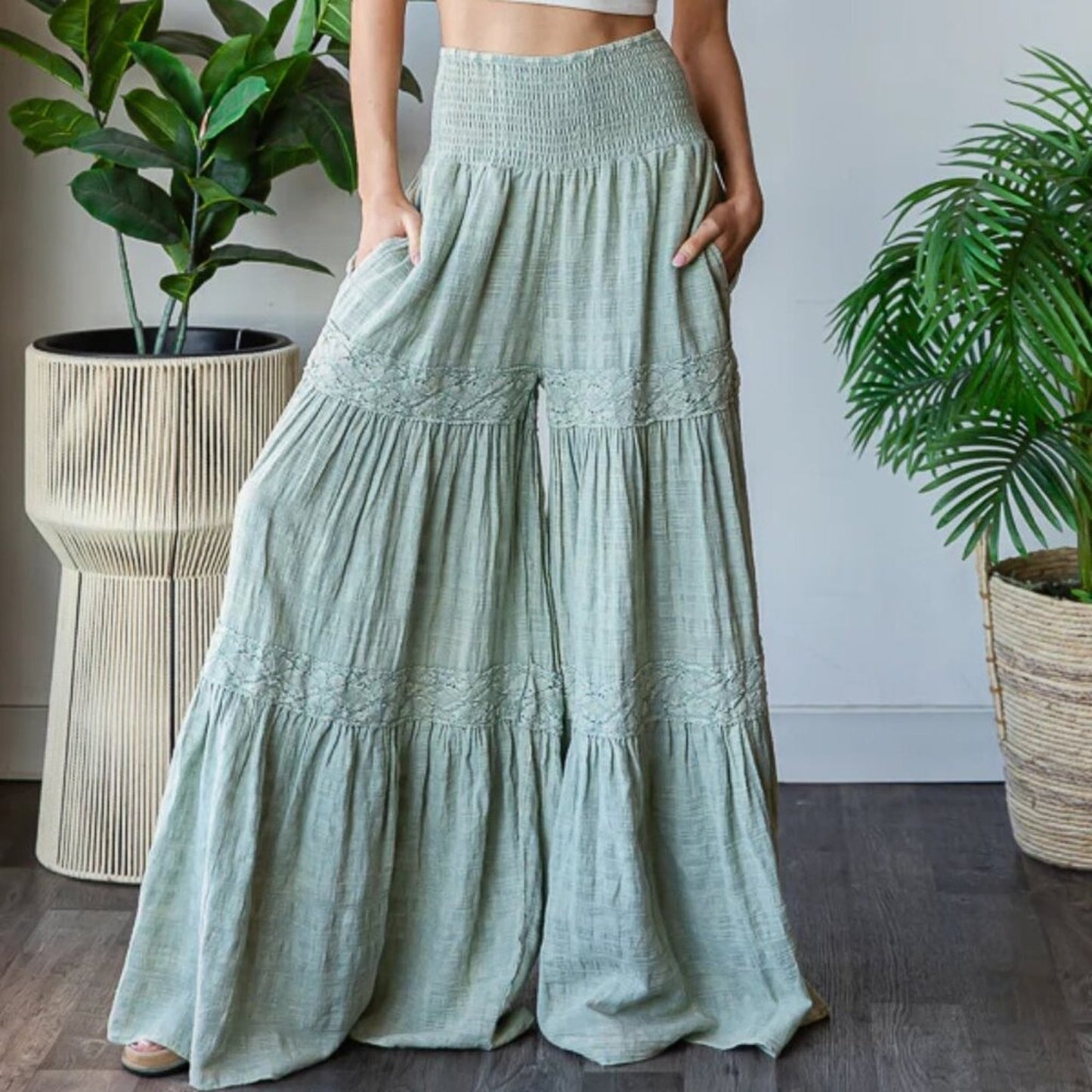 Oli & Hali Washed Smocked Waist Tiered Wide Leg Flare Pants