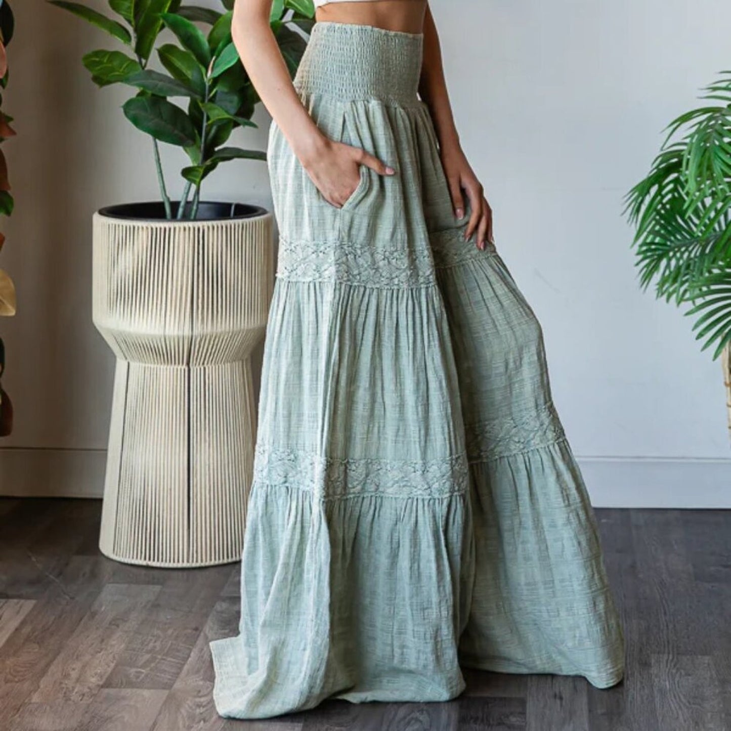 Oli & Hali Washed Smocked Waist Tiered Wide Leg Flare Pants
