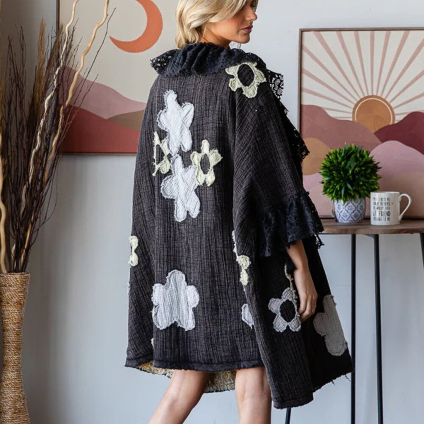Oli &Hali Washed Flower Patchwork Lace Ruffle Sleeve Duster