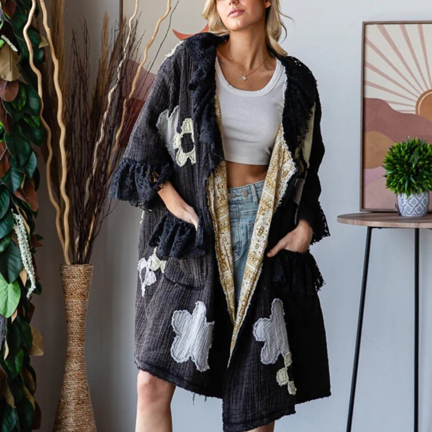 Oli &Hali Washed Flower Patchwork Lace Ruffle Sleeve Duster