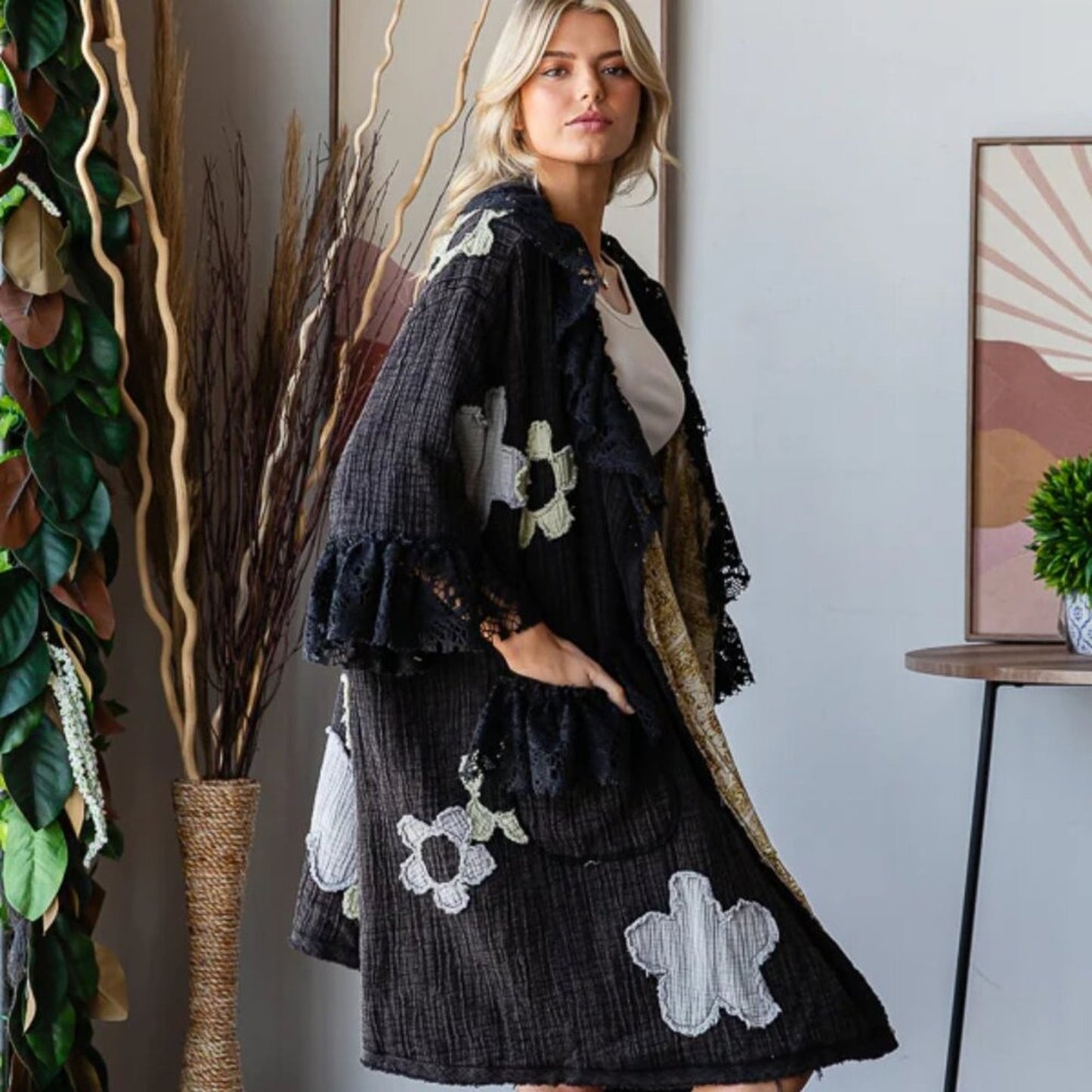 Oli &Hali Washed Flower Patchwork Lace Ruffle Sleeve Duster